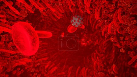 Photo for "Flying through a blood vessel in an organism infected with the Covid-19 coronavirus. An organism infected with the 2019-ncov virus. Corona Virus, virus, covid 19. 3D Rendering." - Royalty Free Image