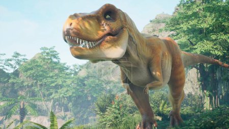 Foto de "El dinosaurio Tyrannosaurus Rex lentamente se arrastra sobre su presa en un matorral de selva verde prehistórica. Vista del verde bosque selvático prehistórico en una mañana soleada. Renderizado 3D." - Imagen libre de derechos