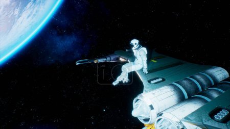 Foto de "Un astronauta se sienta en el ala de su nave espacial y balancea sus piernas mirando al planeta azul. Renderizado 3D." - Imagen libre de derechos