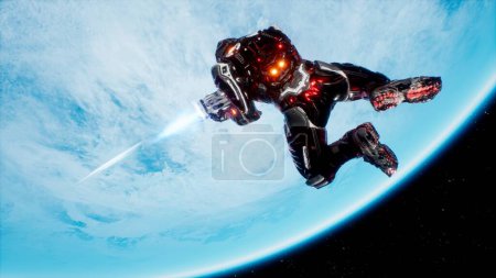 Foto de "Batalla de soldados del futuro en el espacio abierto cerca del planeta azul. Un tiroteo en el espacio profundo. Renderizado 3D." - Imagen libre de derechos
