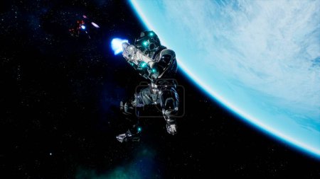 Téléchargez les photos : "Bataille des soldats du futur dans l'espace ouvert près de la planète bleue. Fusillade dans l'espace. Rendu 3D." - en image libre de droit