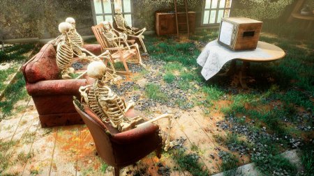 Photo for "Several skeletons sit in a close family circle in an abandoned house and watch static noise on an old TV. The concept of a post-apocalyptic world or Halloween horror. 3D Rendering." - Royalty Free Image