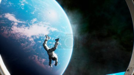 Photo for "An astronaut jumps out of a spaceship into outer space. 3D Rendering." - Royalty Free Image