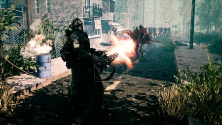 Téléchargez les photos : "Le dernier survivant de l'Apocalypse tire sur des zombies cauchemardesques avec une mitrailleuse dans une ville déserte. Rendu 3D." - en image libre de droit