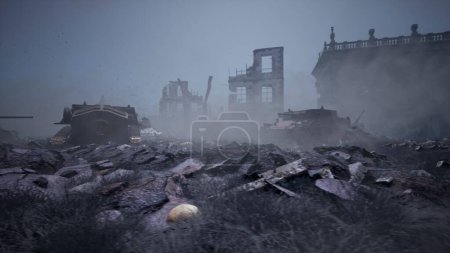 Photo for "Military tanks from the second world war lie smashed on the battlefield next to human remains and the ruins of houses. The concept of war and the Apocalypse. 3D Rendering" - Royalty Free Image