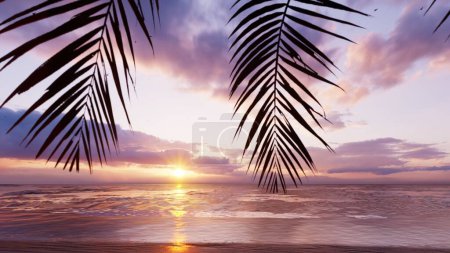 Téléchargez les photos : "Red sunset over the endless ocean. Red sky, yellow sun, palm trees, beautiful sea and seascape. Summer amazing sunset on the sea coast. 3D Rendering." - en image libre de droit