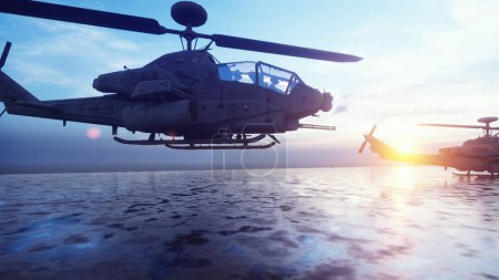 Téléchargez les photos : "Military helicopters take off from an aircraft carrier in the early morning. 3D Rendering." - en image libre de droit