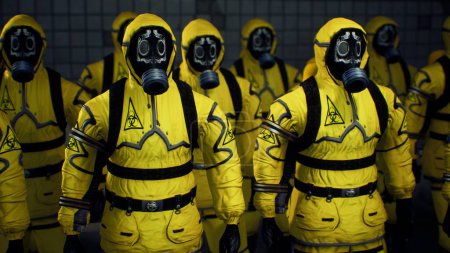Foto de "Los médicos con trajes de protección amarillos se alinearon antes del comienzo de la jornada laboral. Personas en un traje de protección bacteriológica y máscara de gas. Renderizado 3D." - Imagen libre de derechos