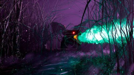 Téléchargez les photos : "A magical dragon in a dark mystical misty forest. A fairy-tale scary forest with tall trees in a thick fog. 3D Rendering." - en image libre de droit