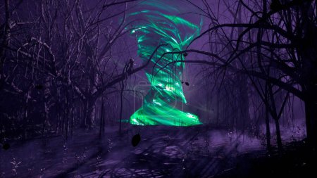 Foto de "Un tornado mágico en un oscuro bosque brumoso místico. Un bosque aterrador de cuento de hadas con árboles altos en una espesa niebla. Renderizado 3D." - Imagen libre de derechos