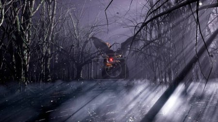 Téléchargez les photos : "Un dragon magique dans une sombre forêt brumeuse mystique. Une forêt effrayante de contes de fées avec de grands arbres dans un épais brouillard. Rendu 3D." - en image libre de droit