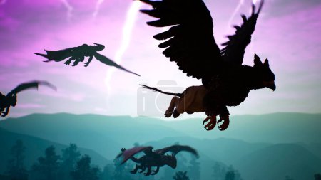 Téléchargez les photos : "Incroyables créatures magiques inhabituelles volent au-dessus de la forêt nocturne mystérieuse sur fond de éclairs. Illustration pour fantaisie, fiction ou décors fabuleux. Rendu 3D
." - en image libre de droit