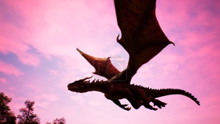 Foto de "Realista gran dragón volando en el cielo sobre el bosque de la tarde. Ilustración para fondos fabulosos, de ficción o de fantasía. Renderizado 3D." - Imagen libre de derechos