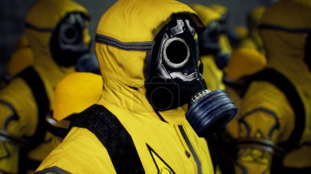 Photo for "Medics in yellow protective suits lined up before the start of the working day. People in a bacteriological protection suit and a gas mask. 3D Rendering." - Royalty Free Image