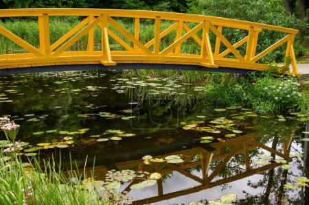 Téléchargez les photos : Pont piétonnier en bois voûté et réflexions - en image libre de droit