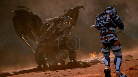 Photo for "Astronaut against the dragon. Epic battle with explosions, shots and smoke on an uncharted planet. 3D Rendering" - Royalty Free Image