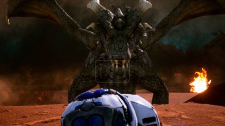 Foto de "Astronauta escapa del dragón enojado. Escena épica con explosiones, fuego y humo en un planeta desconocido. Renderizado 3D
" - Imagen libre de derechos