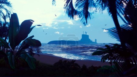Téléchargez les photos : "Silhouette d'un sous-marin nucléaire près d'une île tropicale déserte. Rendu 3D
" - en image libre de droit