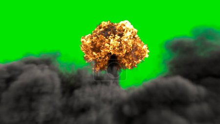 Téléchargez les photos : "L'explosion d'une bombe nucléaire. Explosion réaliste de bombe atomique avec feu, fumée et nuage de champignons devant un écran vert. Rendu 3D
" - en image libre de droit
