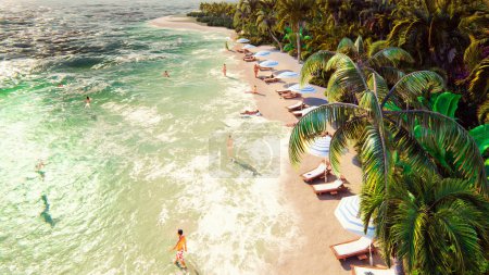 Téléchargez les photos : "Palmiers sur une île tropicale avec une plage de sable blanc exotique avec des baigneurs par une journée ensoleillée avec un ciel bleu. Rendu 3D
." - en image libre de droit