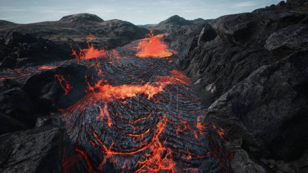 Téléchargez les photos : "Lava coulant de l'éruption de lave volcanique. Rendu 3D." - en image libre de droit