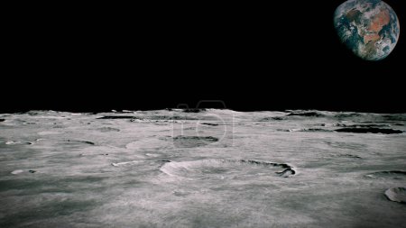 Foto de "Superficie del paisaje lunar. Volando sobre la superficie lunar. Vista de cerca. Renderizado 3D
" - Imagen libre de derechos