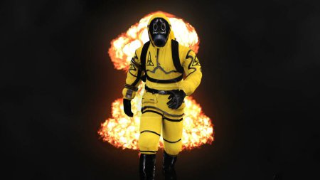 Foto de "Un hombre con traje protector camina sobre el fondo del humo y las explosiones. Renderizado 3D
" - Imagen libre de derechos