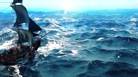 Téléchargez les photos : "Vieux bateau pirate dans l'océan. Loopable sans couture
." - en image libre de droit