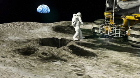 Téléchargez les photos : "Astronaut on the moon returns to his moon. 3D rendering" - en image libre de droit
