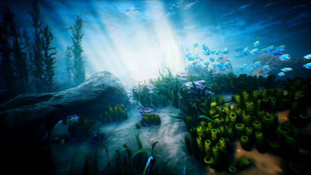 Téléchargez les photos : "Underwater ocean waves ripple and tropical fish. 3D rendering" - en image libre de droit