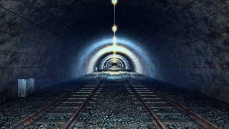 Téléchargez les photos : "Voyage à grande vitesse à travers un tunnel mystique de train. rendu 3D" - en image libre de droit