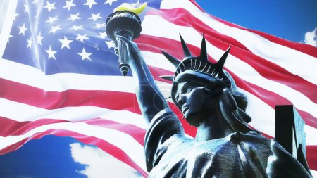 Téléchargez les photos : "Drapeau des Etats-Unis agitant sur le soleil levant rendu 3D" - en image libre de droit