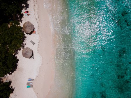 Photo for "Playa Kalki Curacao tropical Island in the Caribbean sea, Aerial view over beach Playa Kalki on the western side of Curacao Caribbean Dutch Antilles" - Royalty Free Image