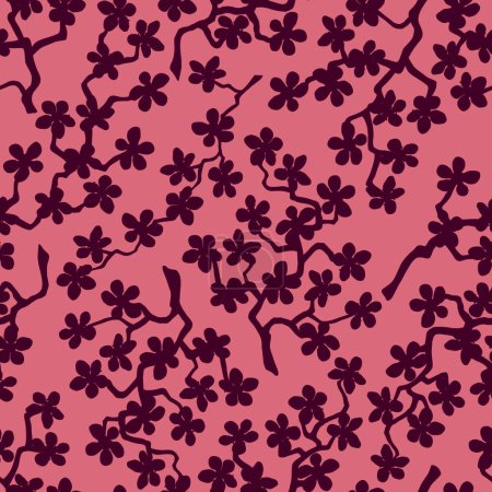 Foto de Patrón sin costuras con flores ramas de sakura de cerezo japonés para tela, embalaje, papel pintado, textil, diseño, invitaciones, impresión, envoltura de regalo, manufacturing.Pink y flores rojas sobre fondo negro - Imagen libre de derechos