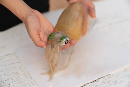Foto de Preparación de calamares crudos en la tabla de cortar. - Imagen libre de derechos