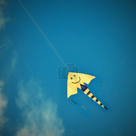 Téléchargez les photos : Cerf-volant dans la belle journée venteuse d'automne. Fond bleu ciel avec soleil et nuages
. - en image libre de droit