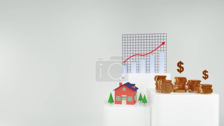 Photo for 3d Render money home and golden coins and Stock chart - Royalty Free Image