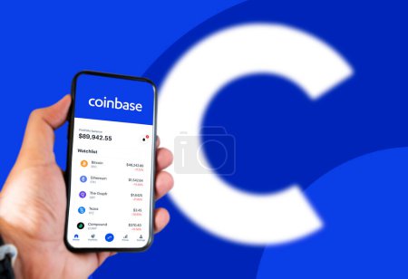 Photo for San Francisco, CA, USA, April 7 2021: Cryptocurrency quotes on the Coinbase app screen on a smartphone screen. - Royalty Free Image