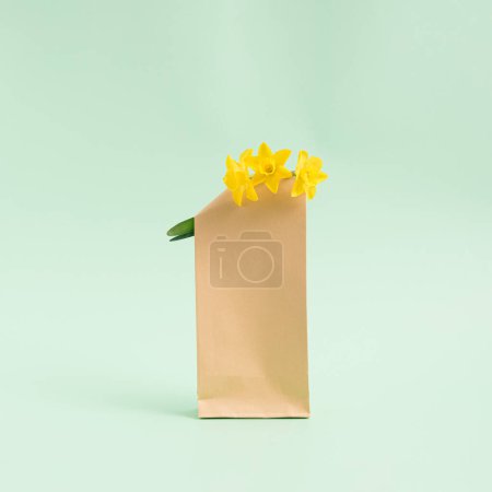 Foto de Ramo de flores de jacintos en una bolsa de papel marrón sobre un fondo verde claro pastel. Concepto minimalista - Imagen libre de derechos