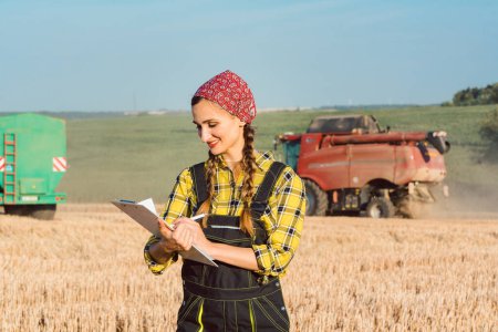 Téléchargez les photos : Agriculteur sur le champ de blé faire la comptabilité sur la récolte en cours - en image libre de droit