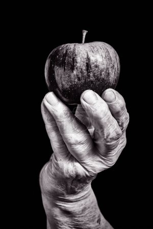 Photo for Senior hand holding apple on black - Royalty Free Image