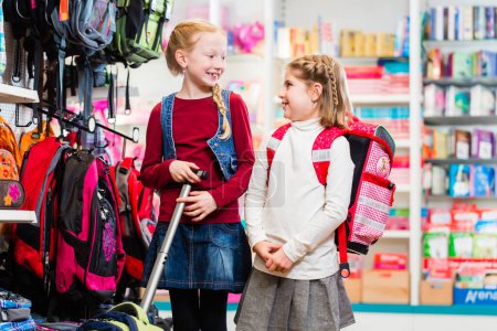 Photo for "Two sisters buying school supplies in store" - Royalty Free Image