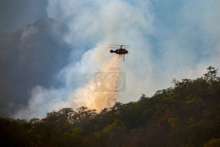 Téléchargez les photos : Hélicoptère déversant de l'eau sur un incendie de forêt - en image libre de droit