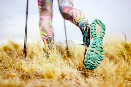 Photo for "Hiking girl in a mountain meadow. Low angle view of generic sports shoe and legs on grass. Healthy fitness lifestyle outdoors." - Royalty Free Image