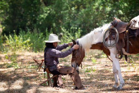 Téléchargez les photos : Cowboy riding horse against sunset - en image libre de droit