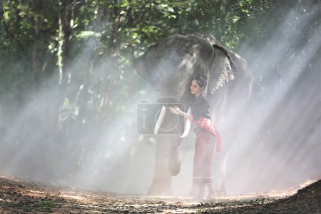 Foto de "Portrait of Beautiful rural Thai woman wear Thai dress with elephant in Surin Province, Thailand" - Imagen libre de derechos