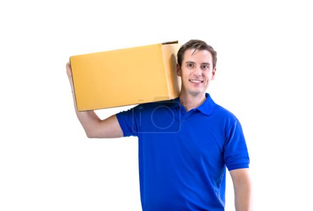 Photo for "Delivery man carrying package carton box isolated on white background." - Royalty Free Image