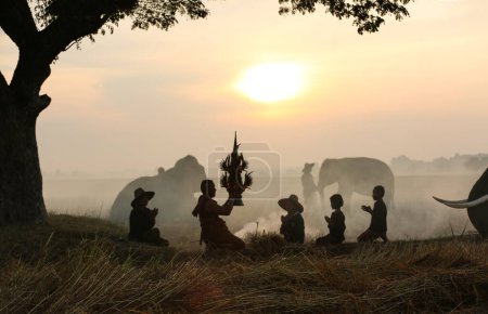 Foto de Agricultores asiáticos cosechan en el campo de arroz con elefantes - Imagen libre de derechos