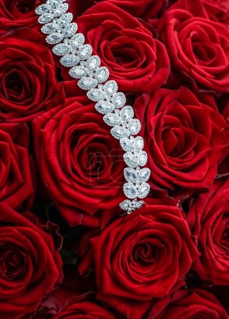 Photo for "Luxury diamond bracelet and bouquet of red roses, jewelry love gift on Valentines Day and romantic holidays present" - Royalty Free Image
