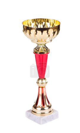 Photo for "Trophies, cups isolated on white. The trophy is a tangible and lasting reminder of a specific achievement, it serves as a recognition, proof of merit awarded at sporting events" - Royalty Free Image